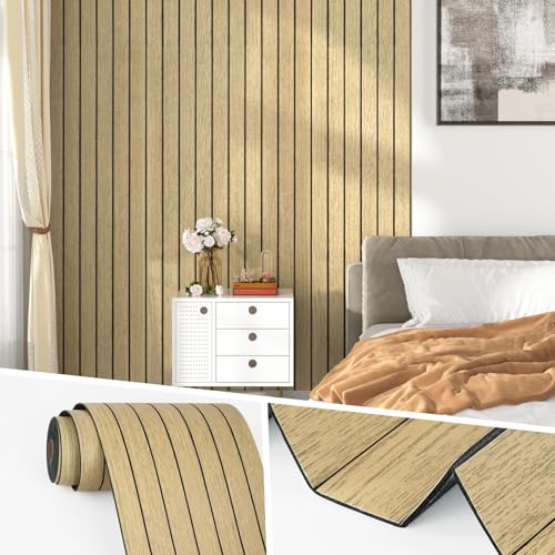 Wallercity 3D Wood Brown Wall Panels Peel and Stick Faux Wood Slat Decorative Wall Panels for Ceiling Self Adhesive Woodgrain Soundproof Foam Walls Paneling for Bedroom Counter Door Decor 117x118 - Image 1