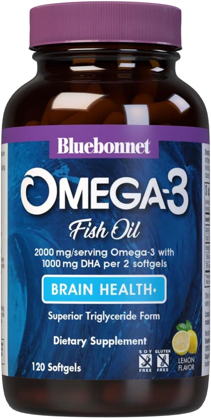 BlueBonnet Nutrition Omega3 Brain Formula Natural Wild Caught Triglyceride Form DHA 1000 mg EPA 210 mg Highly Concentrated Cognitive Health  Wellness Support Supplement GlutenFree Softgel YellowClear Lemon 120 Count - Image 1