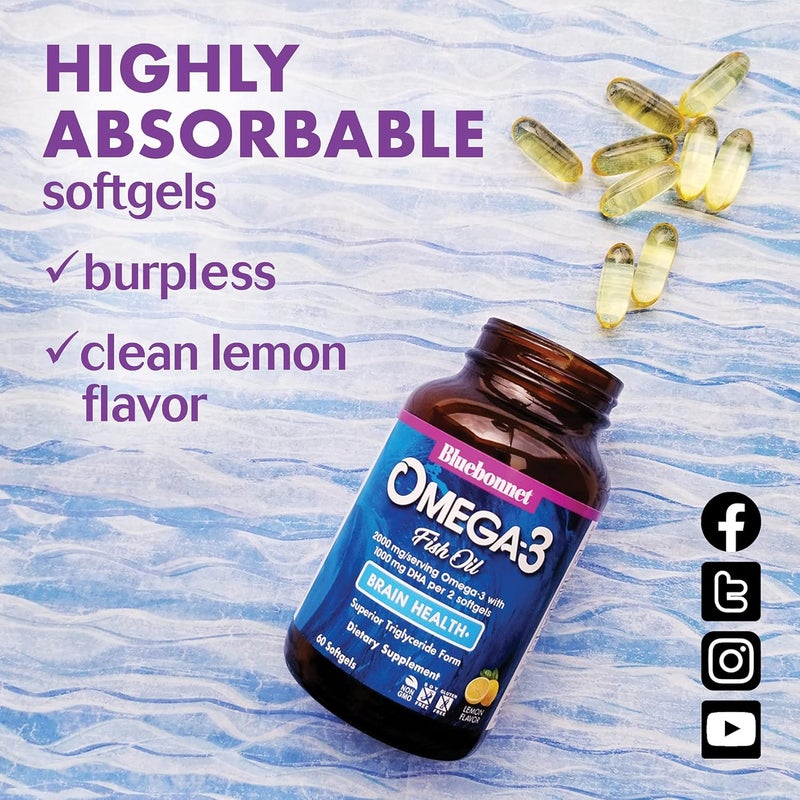 BlueBonnet Nutrition Omega3 Brain Formula Natural Wild Caught Triglyceride Form DHA 1000 mg EPA 210 mg Highly Concentrated Cognitive Health  Wellness Support Supplement GlutenFree Softgel YellowClear Lemon 120 Count - Image 2