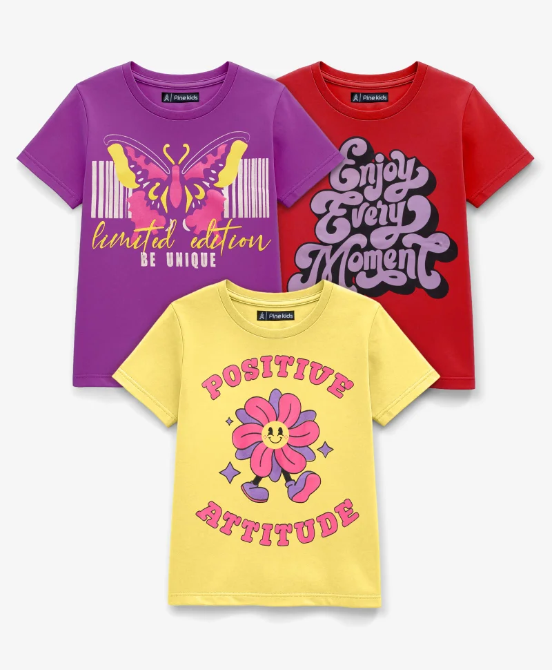 Pine Kids Pine Kids Cotton Knit Half Sleeves T-Shirts with Text Print Pack of 3 - Yellow Red & Purple