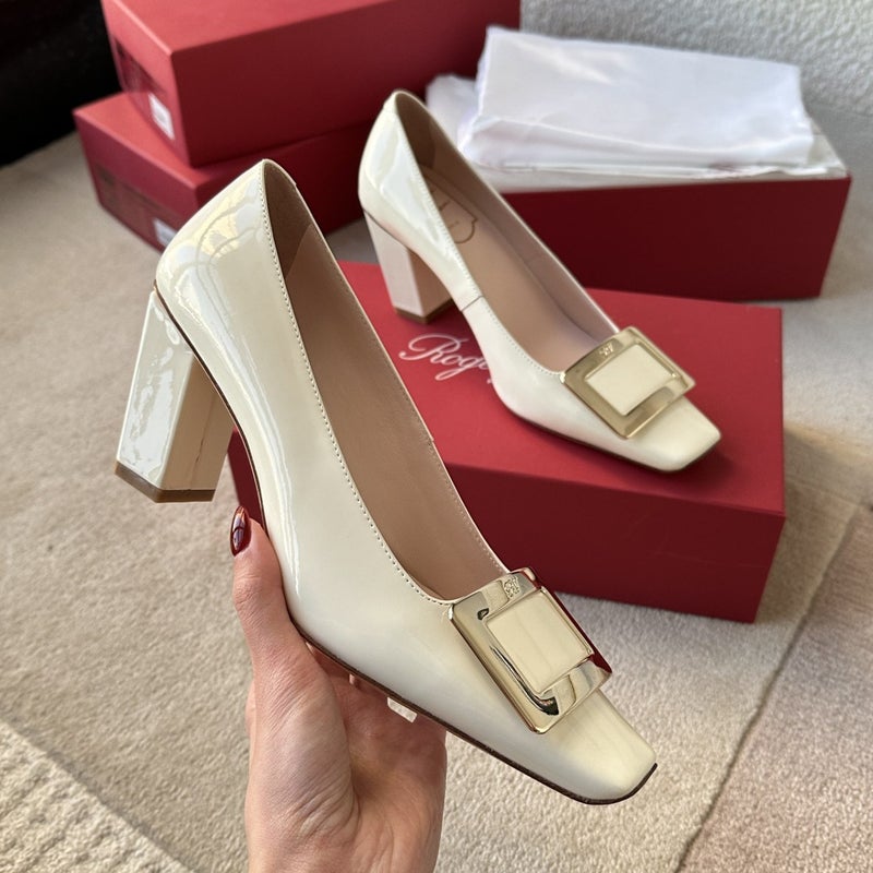 Elegant Elegant Metal Buckle High Heels Square Head Shallow Mouth Patent Leather Comfortable Office Comfortable Ins Classic - Image 3