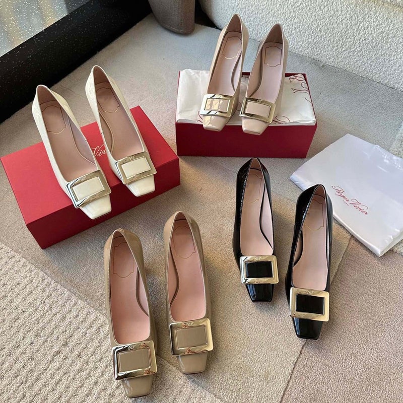 Elegant Elegant Metal Buckle High Heels Square Head Shallow Mouth Patent Leather Comfortable Office Comfortable Ins Classic - Image 2
