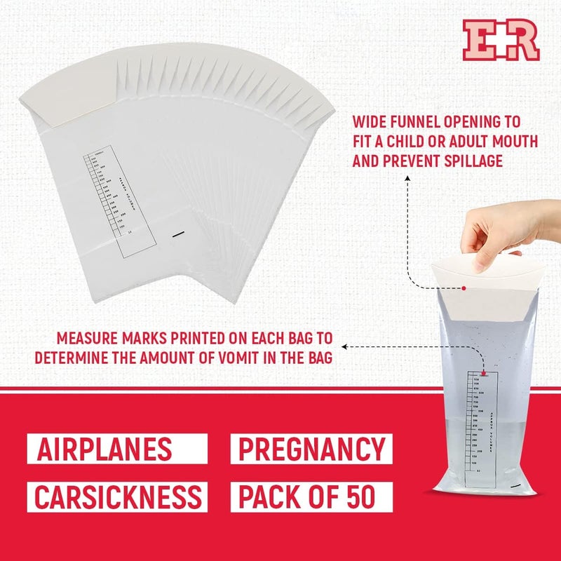Ever Ready First Aid أكياس القيء مع قمع وصمام غير قابل للعودة ضد التسرب للسفر، سيارات الأجرة، دوار الحركة، الحمل، الأطفال، إلخ، 50 حزمة - Image 5
