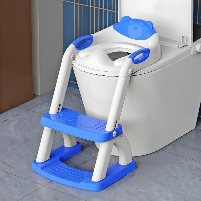 SKYROKU SKYROKU Potty Training Toilet New SectorShape Stabilized Base two in one Toddler Toilet Seat with Splash Guard Anti Slip Pad and Step Stool Dark Blue 