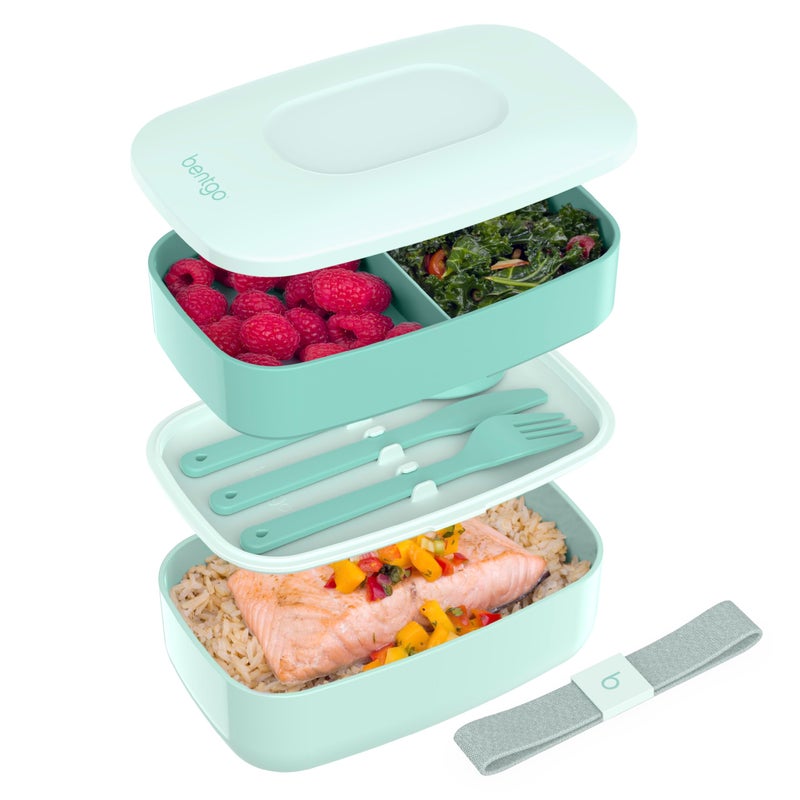 Bentgo Classic - Adult Bento Box, Stackable 3-Compartment Lunch Box with Removable Utensil Set and Sealing Strap, BPA-Free, Food Container Ideal for Meal Prep, Work, and On the Go (Coastal Aqua) - Image 1