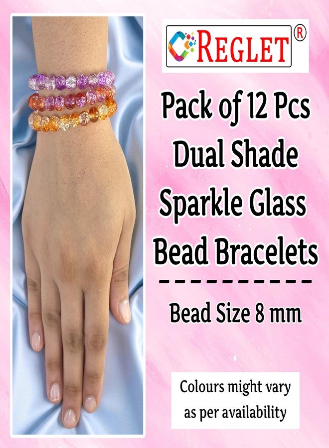 REGLET Pack of 12 - Adjustable Dual Shade Sparkle Glass Bead Bracelet Combo Set - Handcrafted Stretchable Bracelets for Women, Girls, Kids - Mullticolour - Bead Size 8mm - Image 2