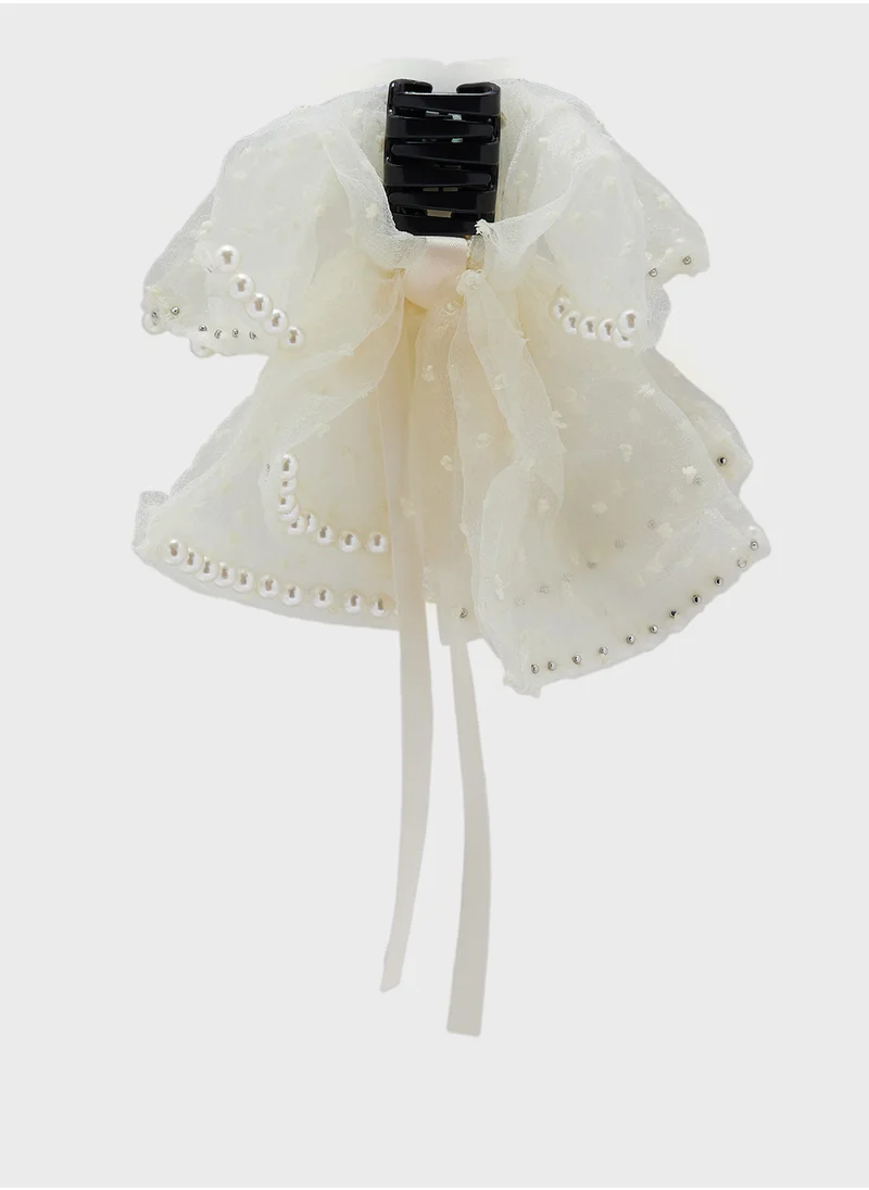 ELLA Bow Detail Pearl Claw Clip