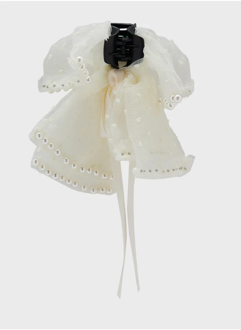ELLA Bow Detail Pearl Claw Clip