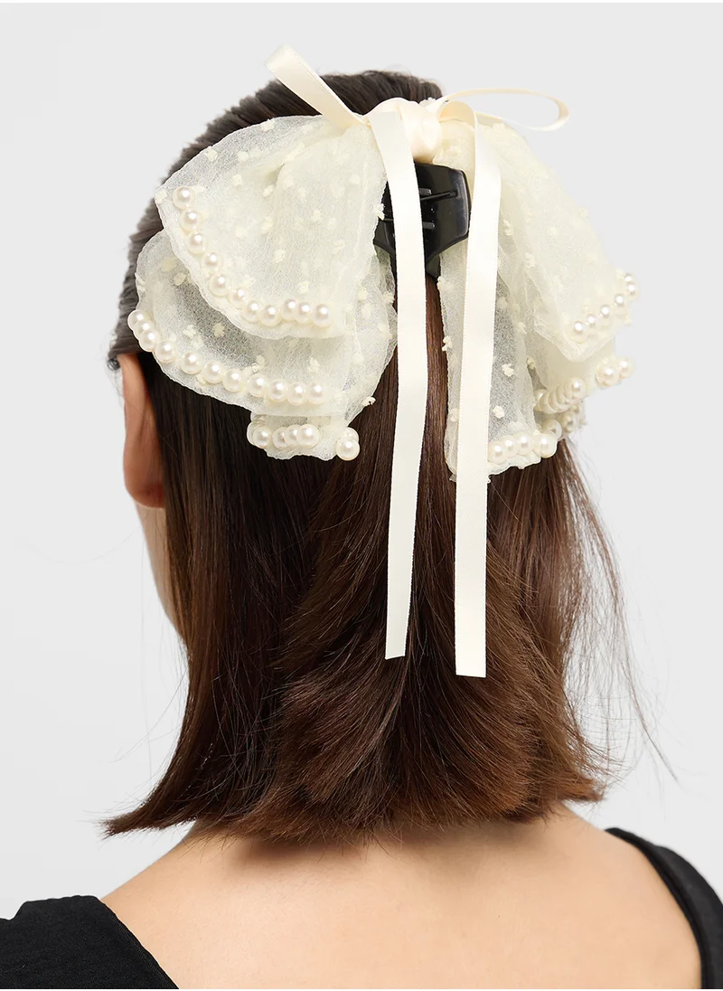 ELLA Bow Detail Pearl Claw Clip