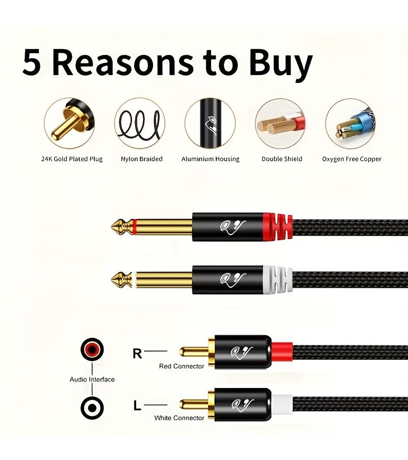 كابل RG Dual 1/4 بوصة TS إلى Dual RCA بطول 23 بوصة، ثقيل الاستخدام لتوصيل الصوت، مع غلاف نحاسي مطلي بالذهب، مخصص لأجهزة استقبال AV ومكبرات الصوت وأنظمة ستيريو المنزل ومضخمات الصوت. - Image 4
