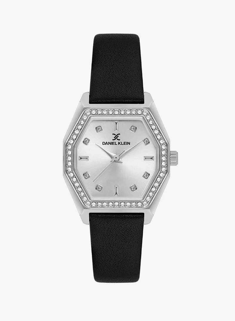 DANIEL KLEIN Women's Leather Silver Alloy Case Analog Silver Diamond Sunray Dial Japanese Quartz Premium 30 Meters Water Resistant