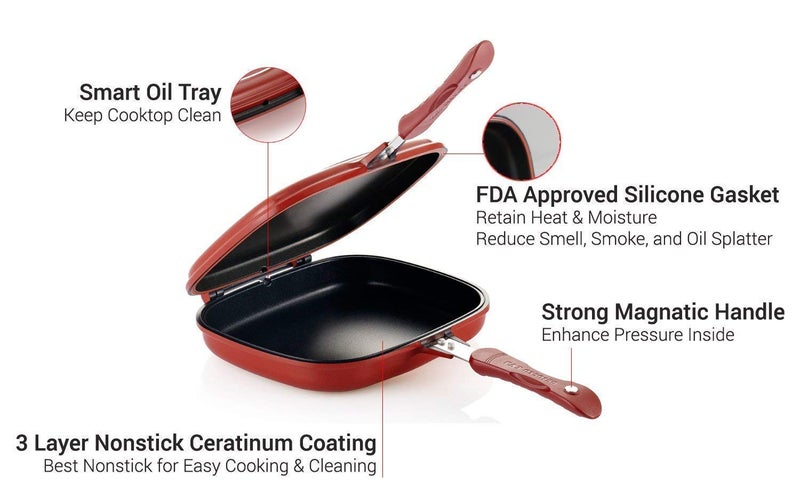 SNEHERI SNEHERI Happycall Magic DoubleSide Foldable Ceramic Coating NonStick Grill Happy Call Frying Pan with 28 cm Strong Magnetic Handles Red Color  - Image 4