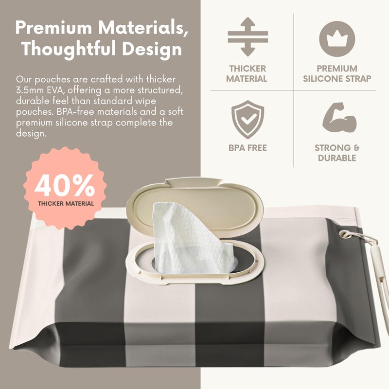 Moodie NEW 3 PACK Baby Wipes Holder | Refillable Wipes Container w/ DOUBLE-LOCK SEAL |Travel Wipe Case | Portable Wipe Dispenser for Diaper Bag w Silicone Strap | Reusable Wipes Pouch (CLOUDY GREY) - Image 4
