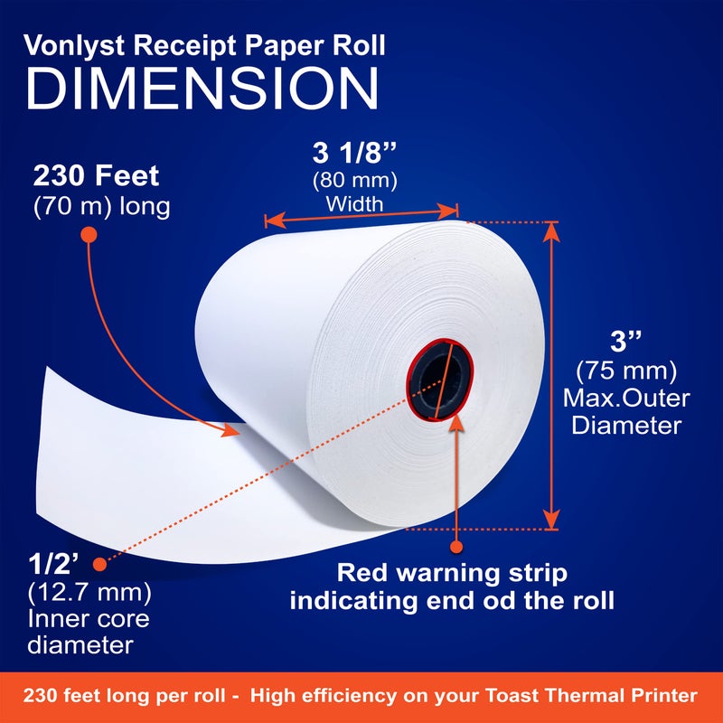 Vonlyst Thermal Printer Paper Roll for Toast TP200 Receipt Printer Point of Sale (12 rolls) - Image 3