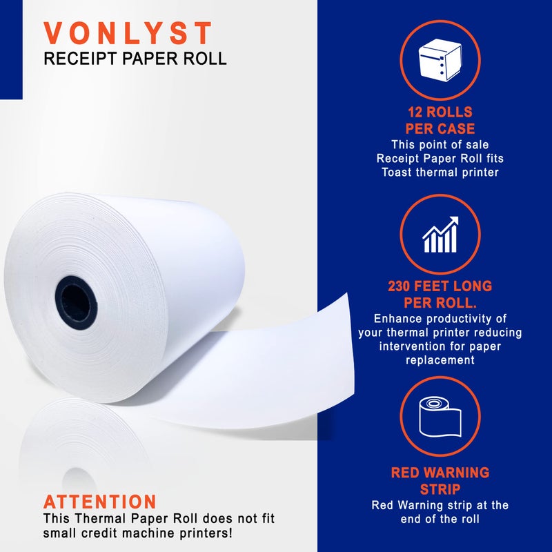 Vonlyst Thermal Printer Paper Roll for Toast TP200 Receipt Printer Point of Sale (12 rolls) - Image 5