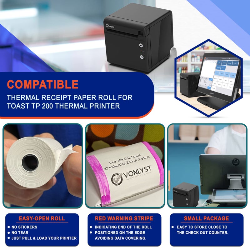 Vonlyst Thermal Printer Paper Roll for Toast TP200 Receipt Printer Point of Sale (12 rolls) - Image 4