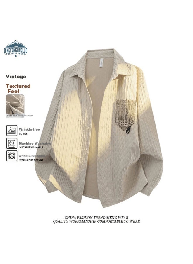 Dingfengbaoluo Double-layer Diamond Pattern Long Sleeve Shirt Men Spring Summer Color-block Loose Casual Cardigan Shirt Xsm61 Beige 3XL - Image 1