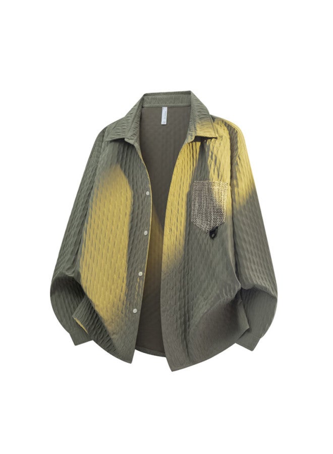 Dingfengbaoluo Double-layer Diamond Pattern Long Sleeve Shirt Men Spring Summer Color-block Loose Casual Cardigan Shirt Xsm61 Beige 3XL - Image 3