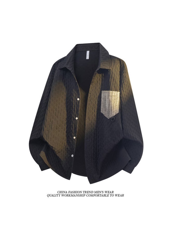Dingfengbaoluo Double-layer Diamond Pattern Long Sleeve Shirt Men Spring Summer Color-block Loose Casual Cardigan Shirt Xsm61 Beige 3XL - Image 2