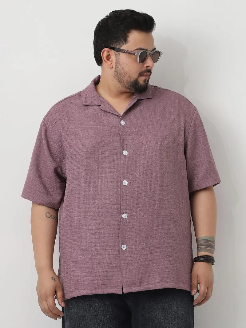 Urbano Fashion  Urbano Plus Men's Purple Cotton Half Sleeve Oversized Fit Textured Shirt with Cuban Collar  | Best Price UAE