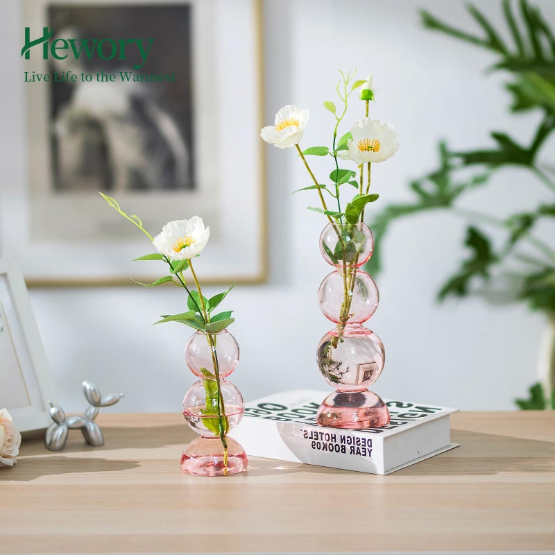 Hewory Glass Bubble Vases for Flowers, Hewory 2pcs Pink Unique Cute Single Flower Vase for Centerpieces, Funky Aesthetic Vase Skinny Bud Vase, Cool Groovy Decor for Home Living Room Bedroom Office Tabletop - Image 4