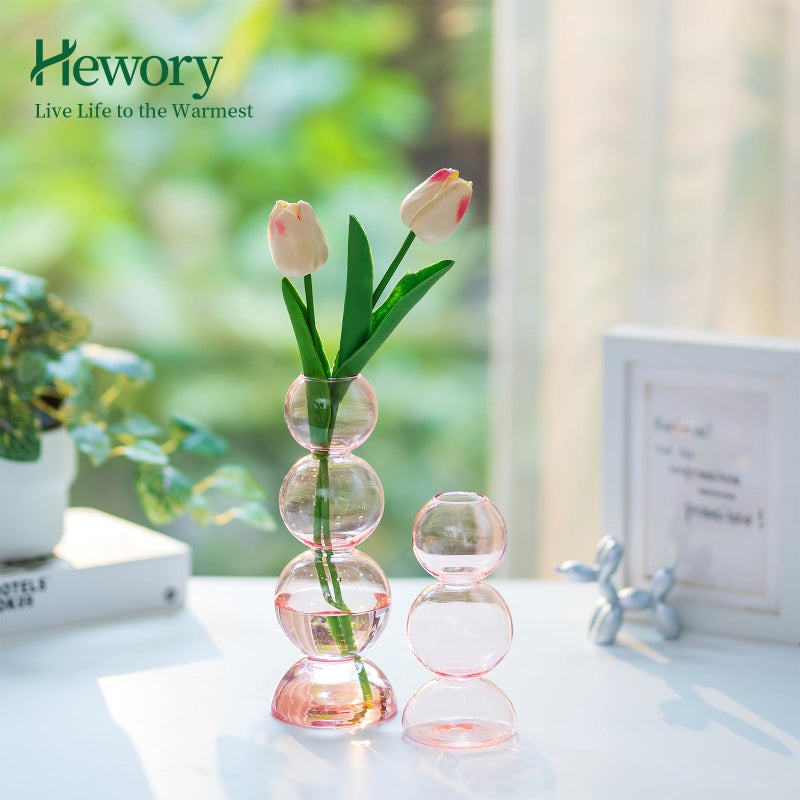 Hewory Glass Bubble Vases for Flowers, Hewory 2pcs Pink Unique Cute Single Flower Vase for Centerpieces, Funky Aesthetic Vase Skinny Bud Vase, Cool Groovy Decor for Home Living Room Bedroom Office Tabletop - Image 2