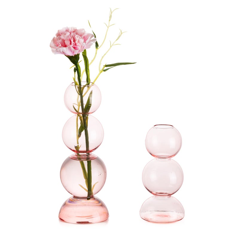 Hewory Glass Bubble Vases for Flowers, Hewory 2pcs Pink Unique Cute Single Flower Vase for Centerpieces, Funky Aesthetic Vase Skinny Bud Vase, Cool Groovy Decor for Home Living Room Bedroom Office Tabletop - Image 1