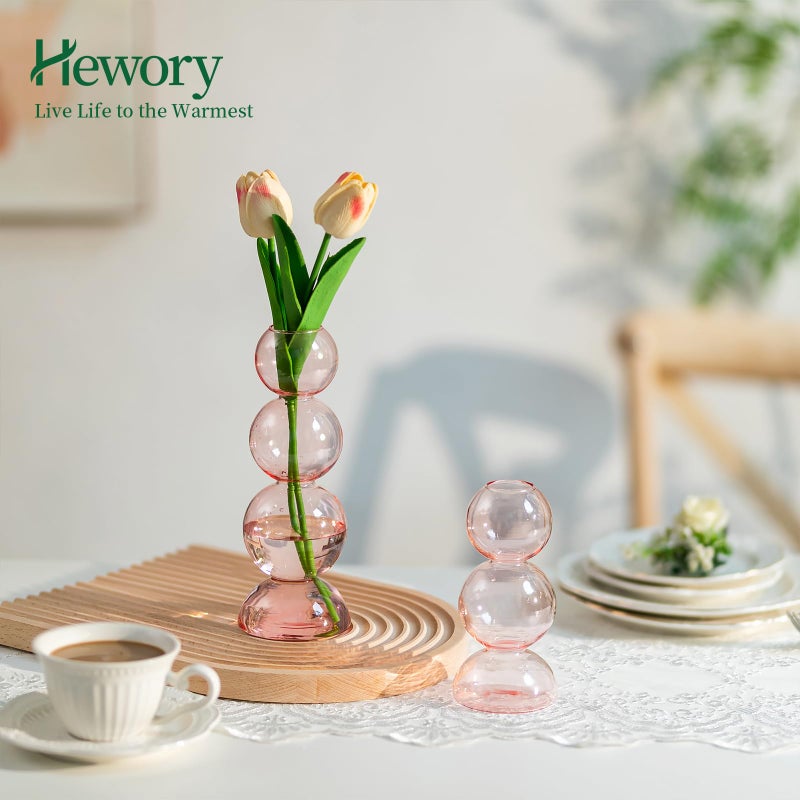 Hewory Glass Bubble Vases for Flowers, Hewory 2pcs Pink Unique Cute Single Flower Vase for Centerpieces, Funky Aesthetic Vase Skinny Bud Vase, Cool Groovy Decor for Home Living Room Bedroom Office Tabletop - Image 3