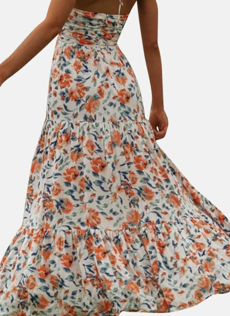 يونيكي White Floral Printed Halter Neck Chiffon Maxi A-Line Tiered Dress
