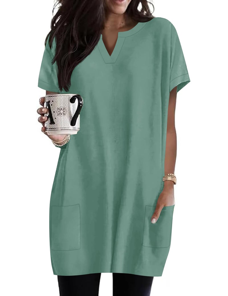 Rapbin Tunic Tops for Women Loose Fit Dressy Short Sleeve Shirts for Women with Pockets Casual Tops for Womens Green L - Image 1