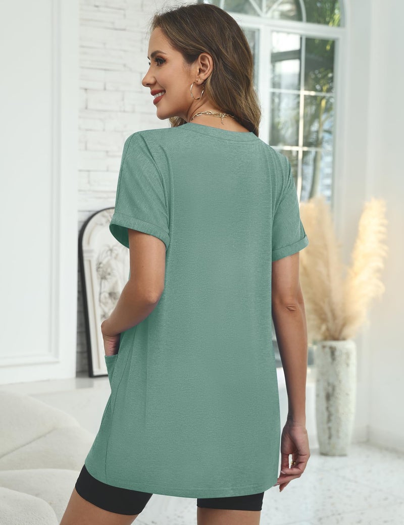 Rapbin Tunic Tops for Women Loose Fit Dressy Short Sleeve Shirts for Women with Pockets Casual Tops for Womens Green L - Image 4
