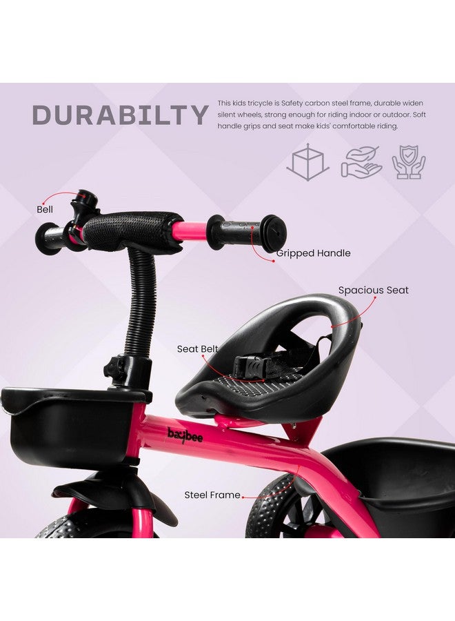 بيبي دراجة ثلاثية العجلات من بايبي للأطفال، دراجة ذكية سهلة التركيب والتشغيل، مزودة بعجلات من مادة إي في إيه، وجرس، وسلال تخزين، ومسند ظهر مرتفع | دراجة ثلاثية العجلات للأطفال | دراجة أطفال من سنتين إلى خمس سنوات (زهرية) - Image 3