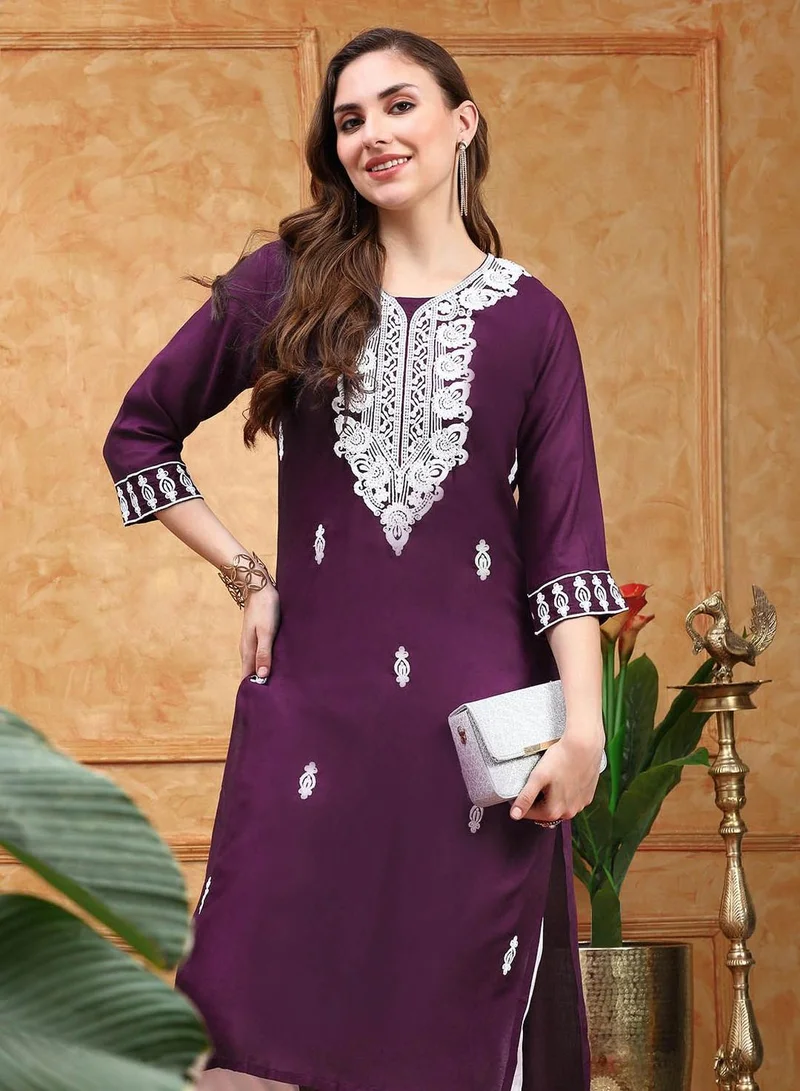 ISHIN Women's Purple Viscose Blend Printed Tunic Regular Fit Kurta