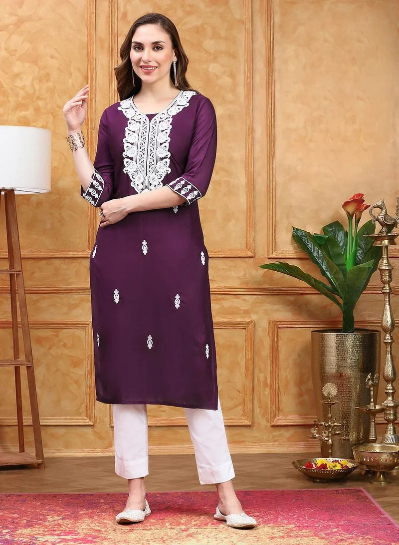 ISHIN Women's Purple Viscose Blend Printed Tunic Regular Fit Kurta