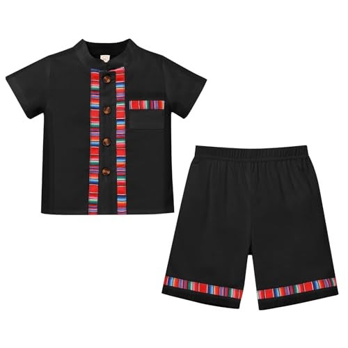 AWIBMK Baby Boys Mexican Outfit Short Sleeve Button Down Embroidery Colorful Detail Guayabera Shirt and Shorts Toddler Kids Traditional Ethnic Wear Cinco De Mayo Fiesta 2 Pieces Clothes - Image 2