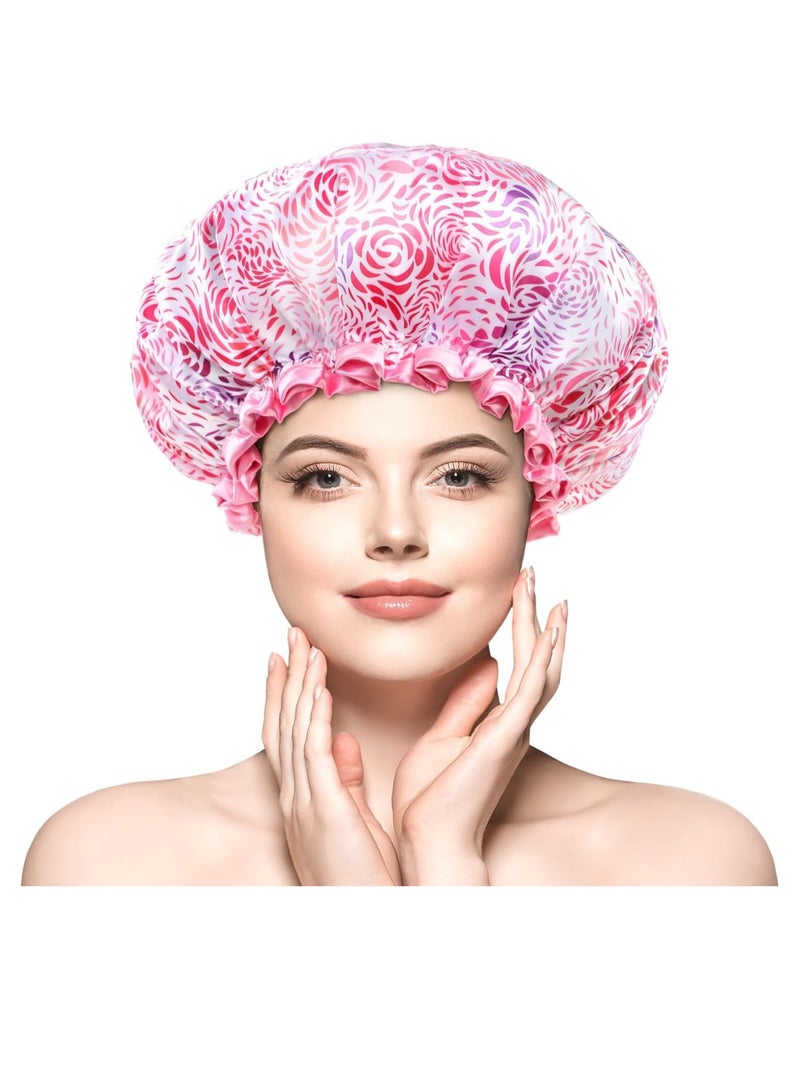 Excefore Large Shower Cap for Women Long Hair, 1 Pack,Romantic Petal Design, Double Layer Waterproof, Reusable, Washable, High-quality, Floral Print - Image 1