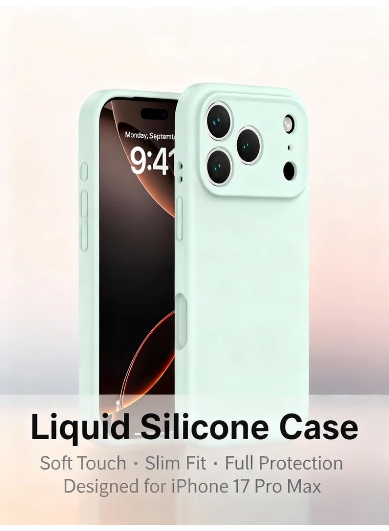 Phone Case for iPhone 17 Pro Max Liquid Silicone Protective Cover with Precise Cutouts Shockproof Design AI Button Support Soft Touch Anti-Fingerprint Full Coverage Slim Fit Camera Protection Light Mint Green