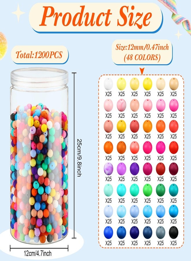 Hotop 1200 Pcs Round Silicone Beads Bulk for Keychain Making Kit 48 Colors Rubber Beads Silicone Focal Beads Loose Beads for Necklace Bracelet Lanyard Making (12 mm) - Image 2