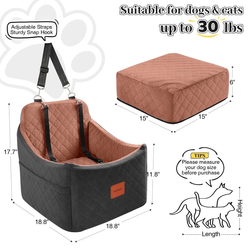 INDYBUD Dog Car Seat for Small/Medium Dogs, Memory Foam Dog Booster Seat, Travel Safety Pet Car Seat with Washable Removable Cover, Storage Pockets for Dogs up to 35 lbs((Black/Brown, Medium) - Image 3