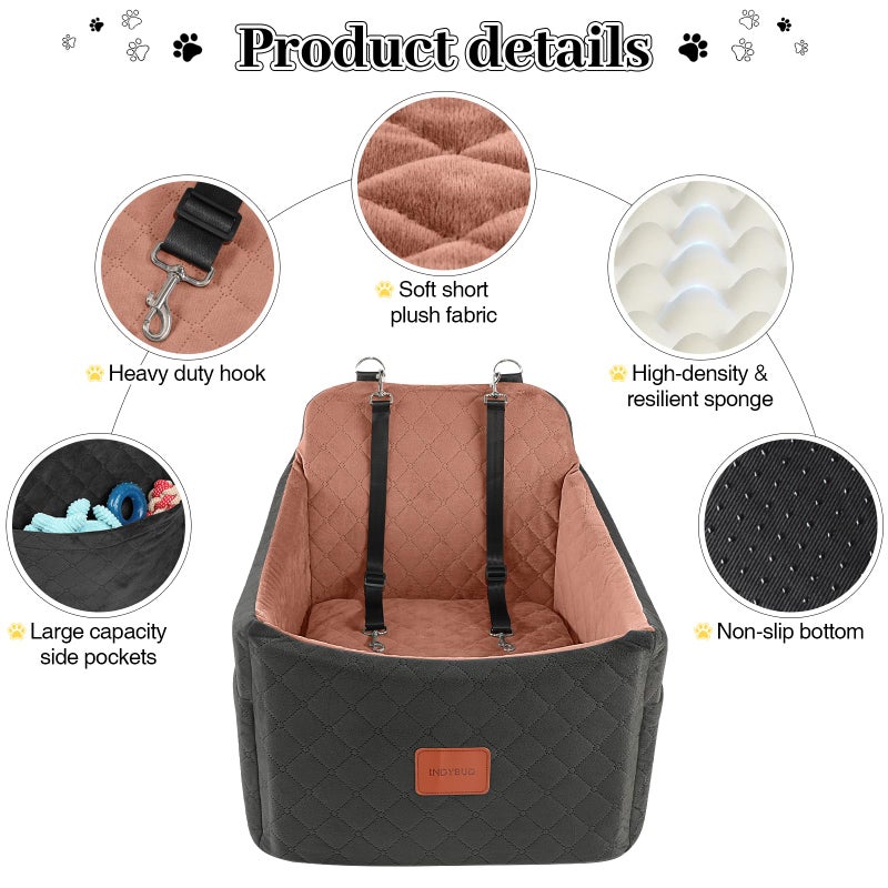INDYBUD Dog Car Seat for Small/Medium Dogs, Memory Foam Dog Booster Seat, Travel Safety Pet Car Seat with Washable Removable Cover, Storage Pockets for Dogs up to 35 lbs((Black/Brown, Medium) - Image 5