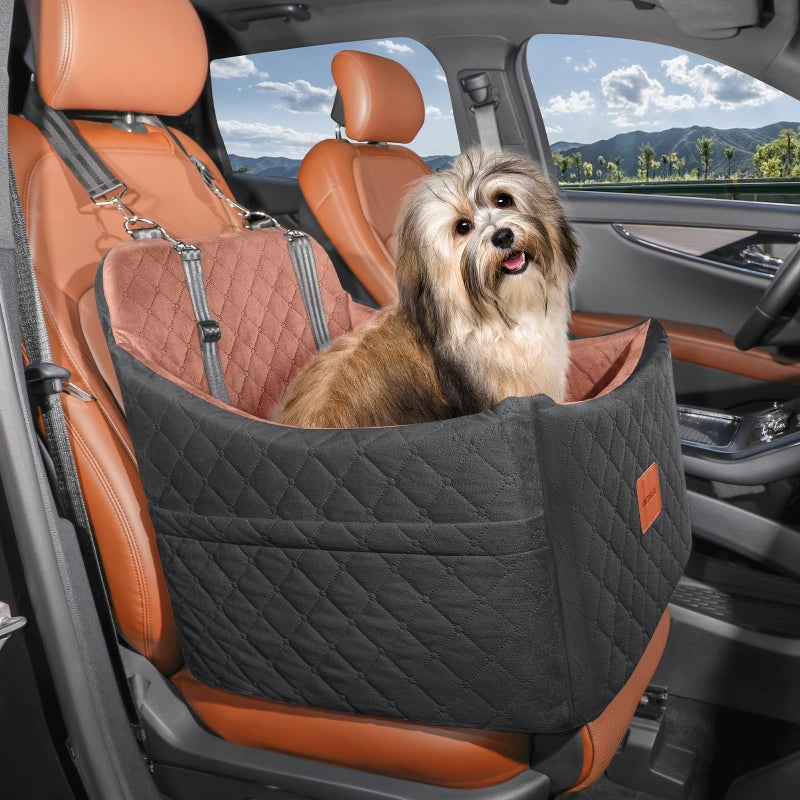 INDYBUD Dog Car Seat for Small/Medium Dogs, Memory Foam Dog Booster Seat, Travel Safety Pet Car Seat with Washable Removable Cover, Storage Pockets for Dogs up to 35 lbs((Black/Brown, Medium) - Image 2