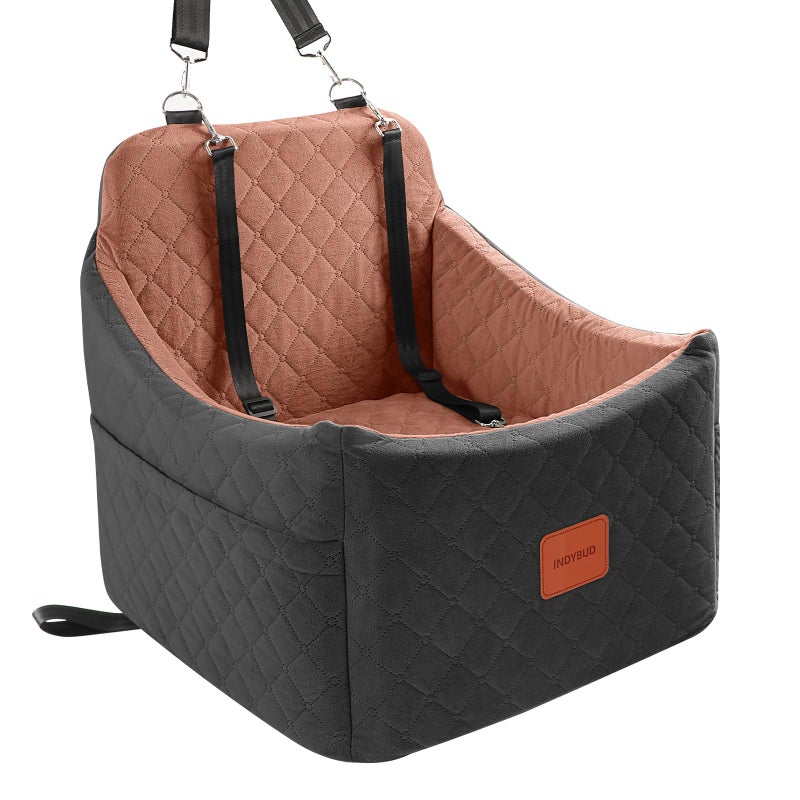 INDYBUD Dog Car Seat for Small/Medium Dogs, Memory Foam Dog Booster Seat, Travel Safety Pet Car Seat with Washable Removable Cover, Storage Pockets for Dogs up to 35 lbs((Black/Brown, Medium) - Image 1