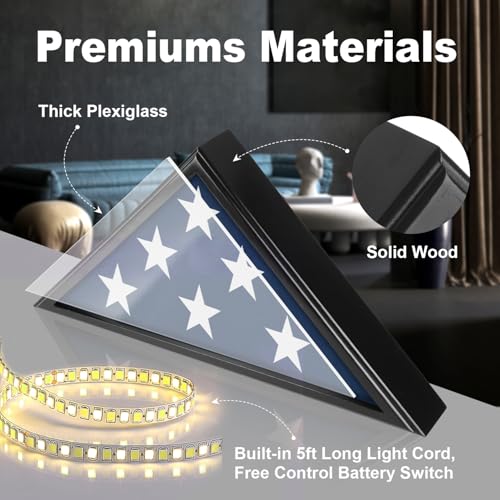 TAEYONK Flag Case with Lights for Burial Flag, 5' x 9.5' Funeral Flag Display Case, Wooden Memorial Flag Shadow Box for Military Veterans, Flag Holder for Wall or Standing Display (Black) - Image 2