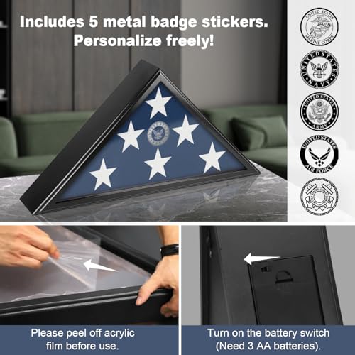 TAEYONK Flag Case with Lights for Burial Flag, 5' x 9.5' Funeral Flag Display Case, Wooden Memorial Flag Shadow Box for Military Veterans, Flag Holder for Wall or Standing Display (Black) - Image 3