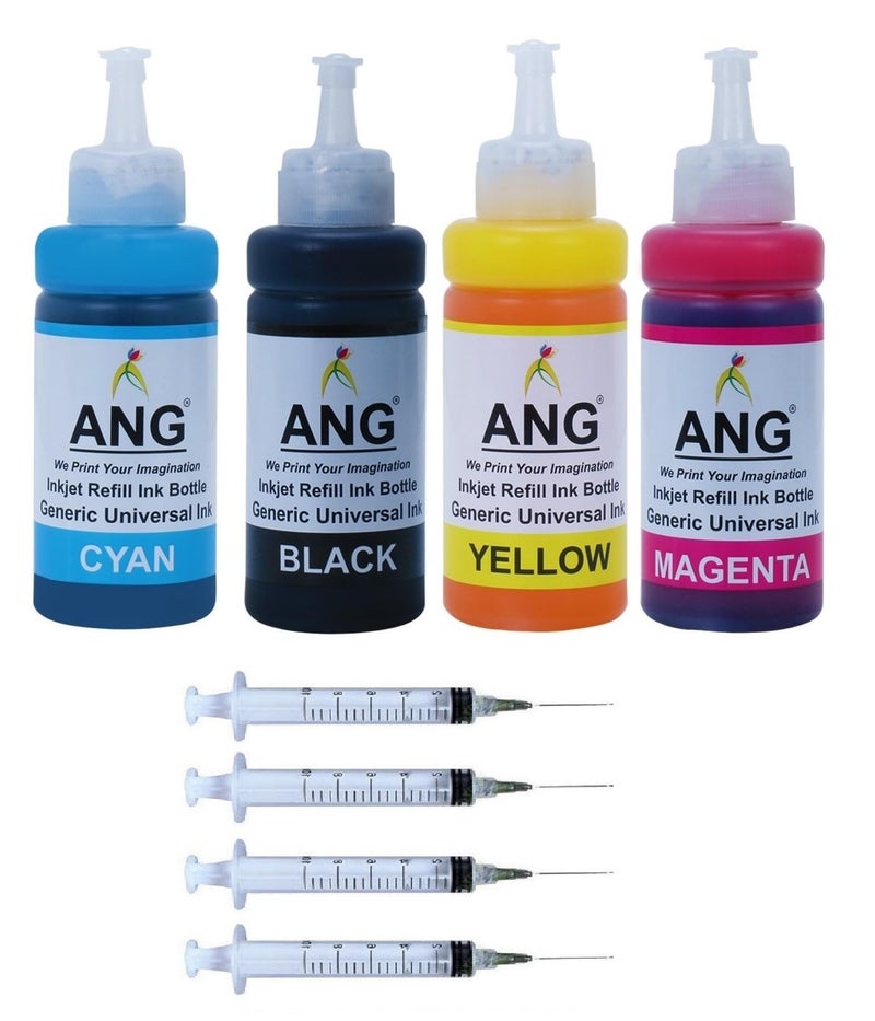 ANG Compatible Refill Ink for Use in Cannon Pixma E410, E417, E460, E470, E477, E480, E3170, E3177, E4270 All-in-One Printer Ink C,M,Y & Black - 100 ML Each Bottle with Syringes - Image 1