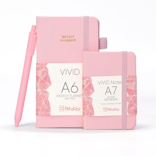 Kitabby – VIVID A6 Size Weekly Planner with Pen & A7 Pocket Size Notebook Combo | Hard Bound Undated Planner with Elastic Band & Pen Loop | 128 Pages | 70gsm Natural Shade Paper | Polymer Coated Paper Cover Material – (Baby Pink) - Image 1