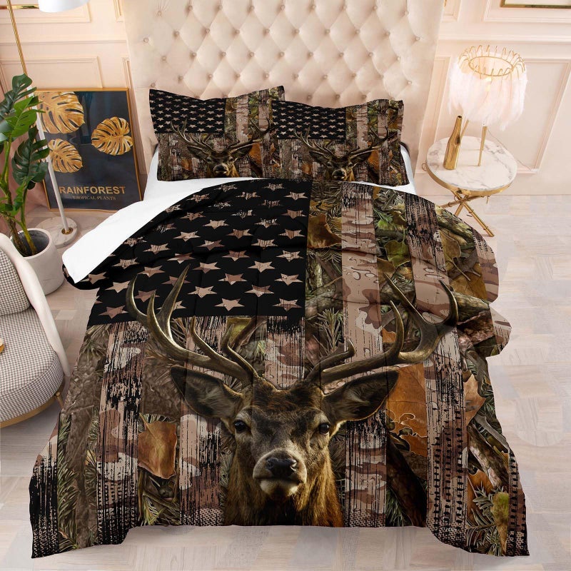 Tailor Shop Deer Comforter Sets Full Size for Boys Kids Teens American Flag Camo Bedding Sets Hunting Comforter Sets Woodland Moose Wildlife Forest Bed Set  with 1 Comforter 2 Pillowcase - Image 1