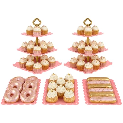 NWK 5 Piece Cake Stand Set with 2 x Large 3-Tier Cupcake Stands, 3 x Appetizer Trays, for Wedding Birthday Baby Shower Tea Party Decorations (Pink) - Image 1