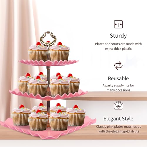 NWK 5 Piece Cake Stand Set with 2 x Large 3-Tier Cupcake Stands, 3 x Appetizer Trays, for Wedding Birthday Baby Shower Tea Party Decorations (Pink) - Image 4