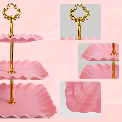 NWK 5 Piece Cake Stand Set with 2 x Large 3-Tier Cupcake Stands, 3 x Appetizer Trays, for Wedding Birthday Baby Shower Tea Party Decorations (Pink) - Image 5